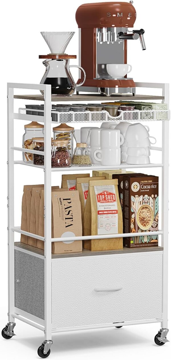 5-Tier Rolling Coffee Bar Cabinet with Drawer, Kitchen Buffet Cart