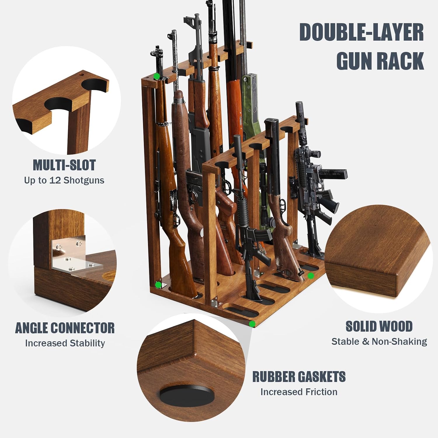 Freestanding Wooden Gun Rack, Heavy-Duty Holds 12 Rifles & Shotguns - Image 3