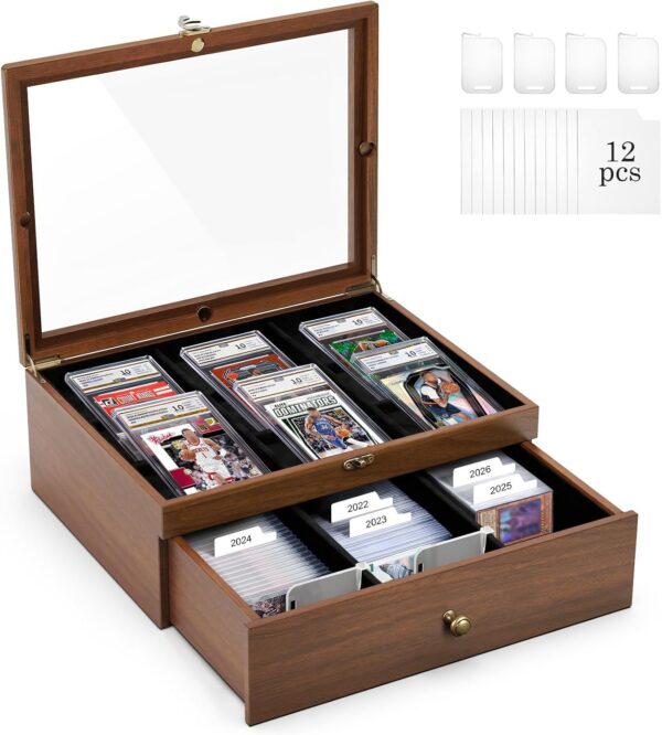 Walnut Wood Trading Card Storage Box, Graded Slab Display Case