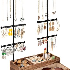 6-Tier Rotating Jewelry Tree Stand with Drawer, Adjustable Necklace Poles