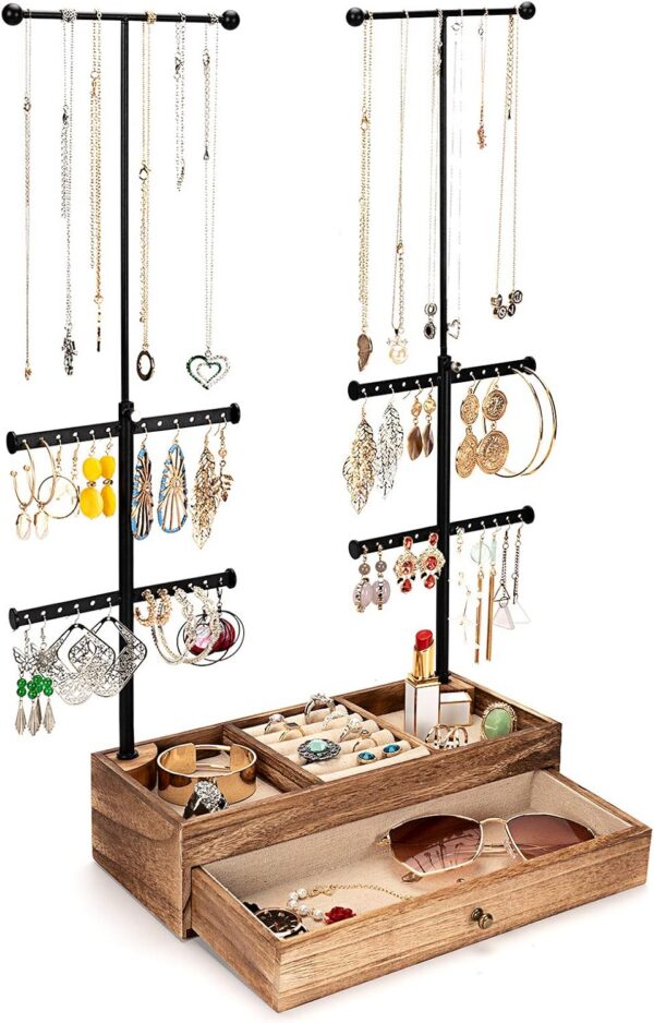 6-Tier Rotating Jewelry Tree Stand with Drawer, Adjustable Necklace Poles