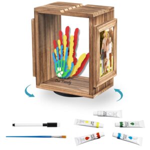 360° Rotating Family Handprint Kit, Wooden Keepsake Frame with 5 Paints
