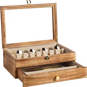 Glass-Lid Wooden Silverware Box, Vintage Flatware Storage Case