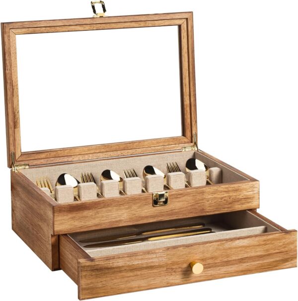 Glass-Lid Wooden Silverware Box, Vintage Flatware Storage Case