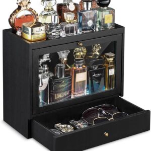 3-Tier Solid Wood Cologne Organizer with Drawer, Dustproof Perfume Stand