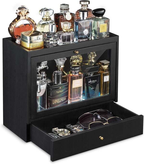 3-Tier Solid Wood Cologne Organizer with Drawer, Dustproof Perfume Stand