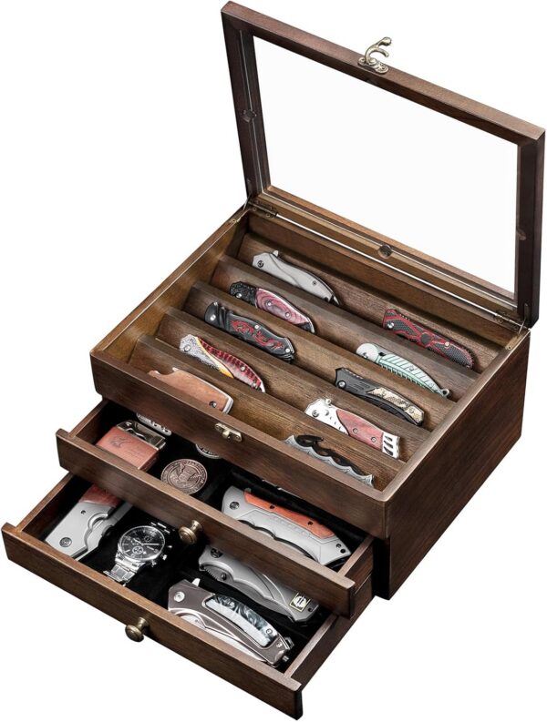 3-Layer Wooden Pocket Knife Case with Glass Lid & Drawers, Lockable