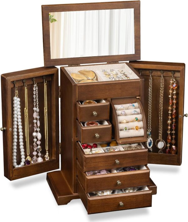 6-Layer Rustic Wooden Jewelry Box with Mirror, Ring Tray & 5 Drawers