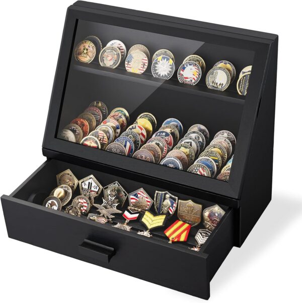 Solid Wood Challenge Coin Display Case with Acrylic Cover & Drawer, Holds 100