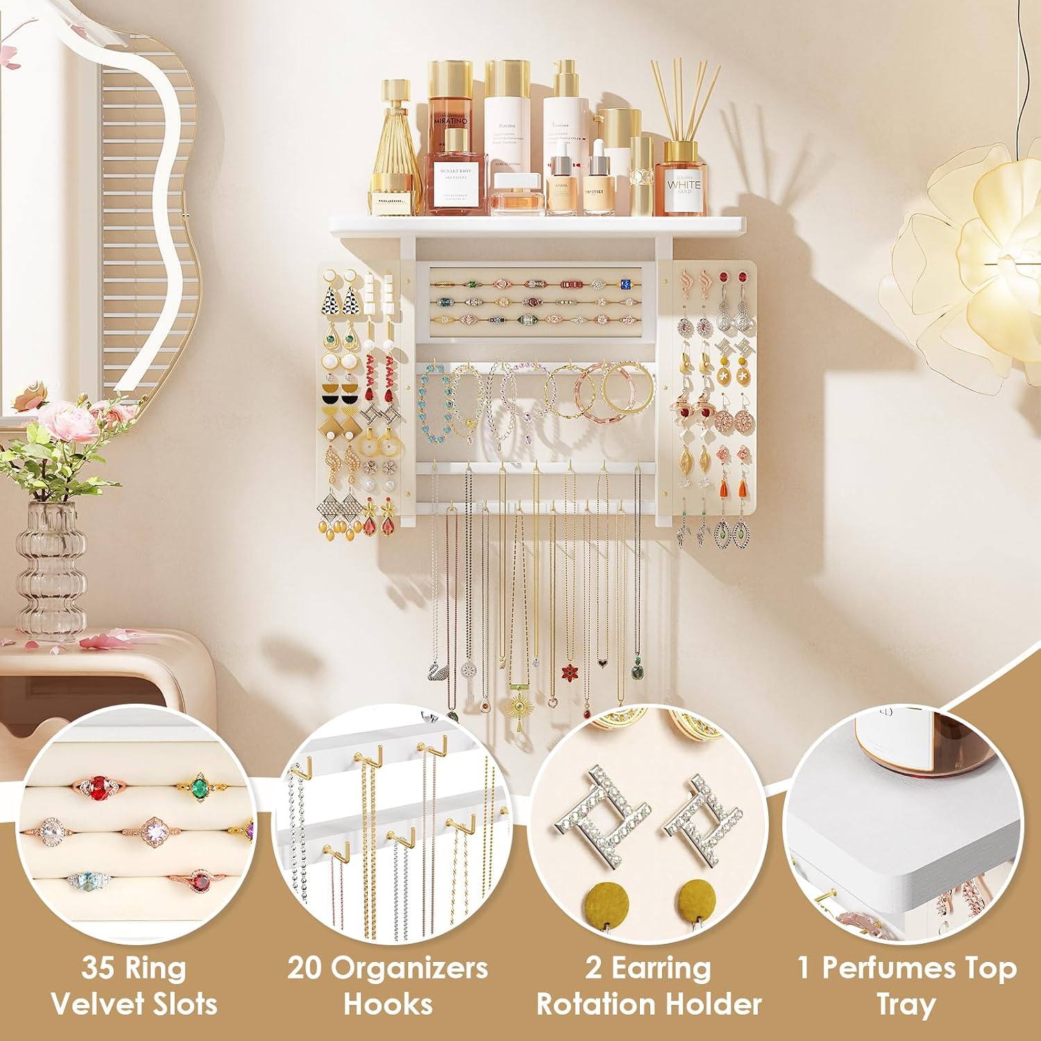 5-in-1 Pink Hanging Jewelry Organizer, Wall Necklace Holder - Image 4