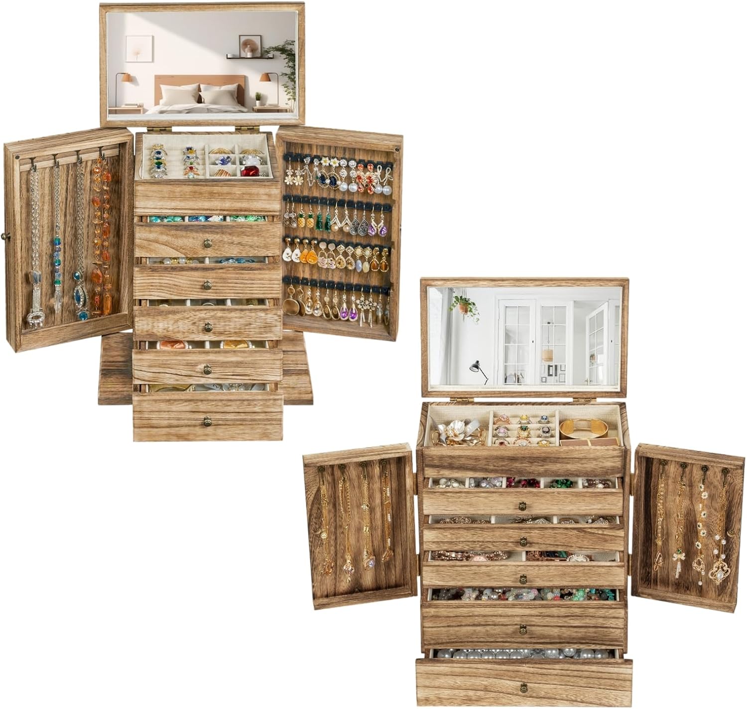 6-Tier Large Wooden Jewelry Box Organizer with Mirror for Women