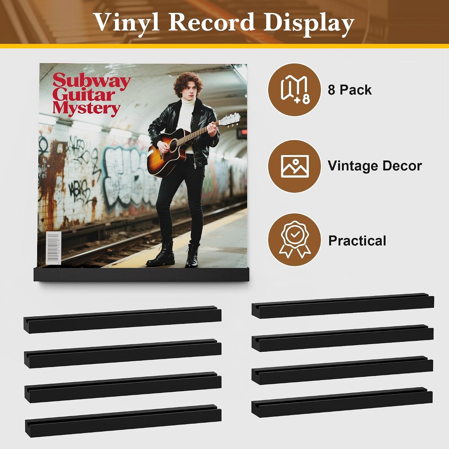 8-Pack Wood Vinyl Record Wall Shelves, 12-Inch LP Album Holder - Image 5