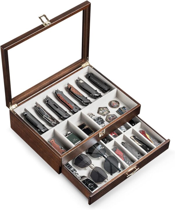 Glass-Top Pocket Knife Display Case, Wooden Collector Box for 24 Folders