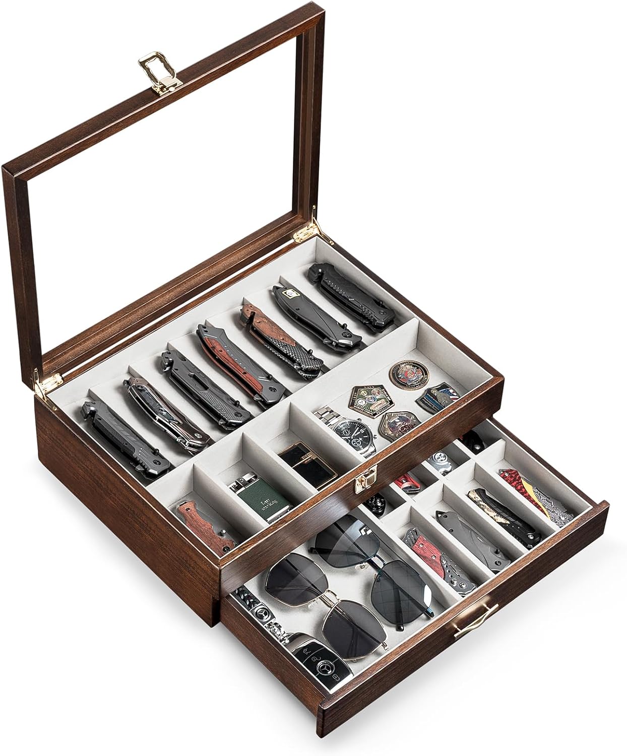 Glass-Top Pocket Knife Display Case, Wooden Collector Box for 24 Folders