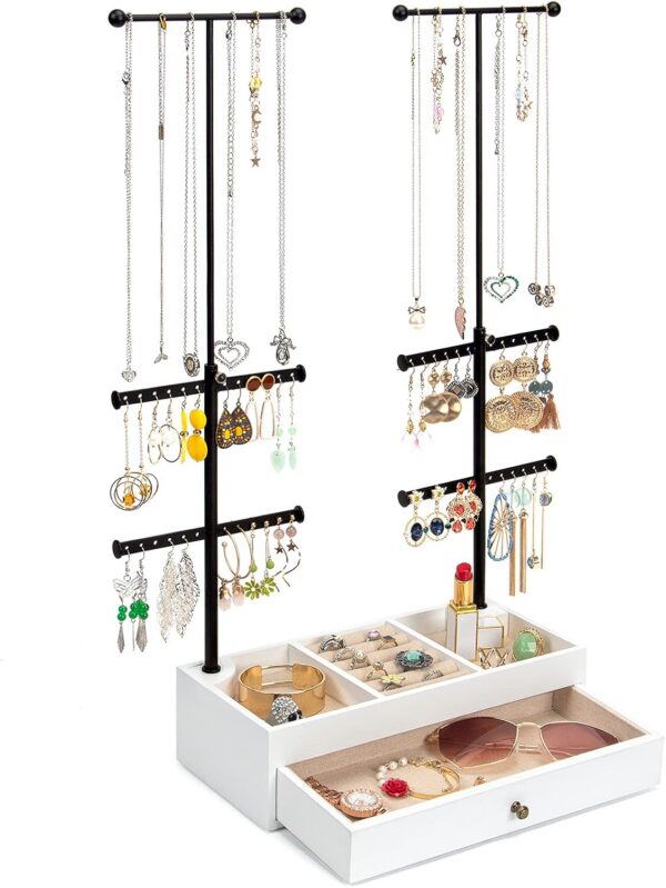 Vintage White Jewelry Tree Stand with Drawer Box & Double Rods