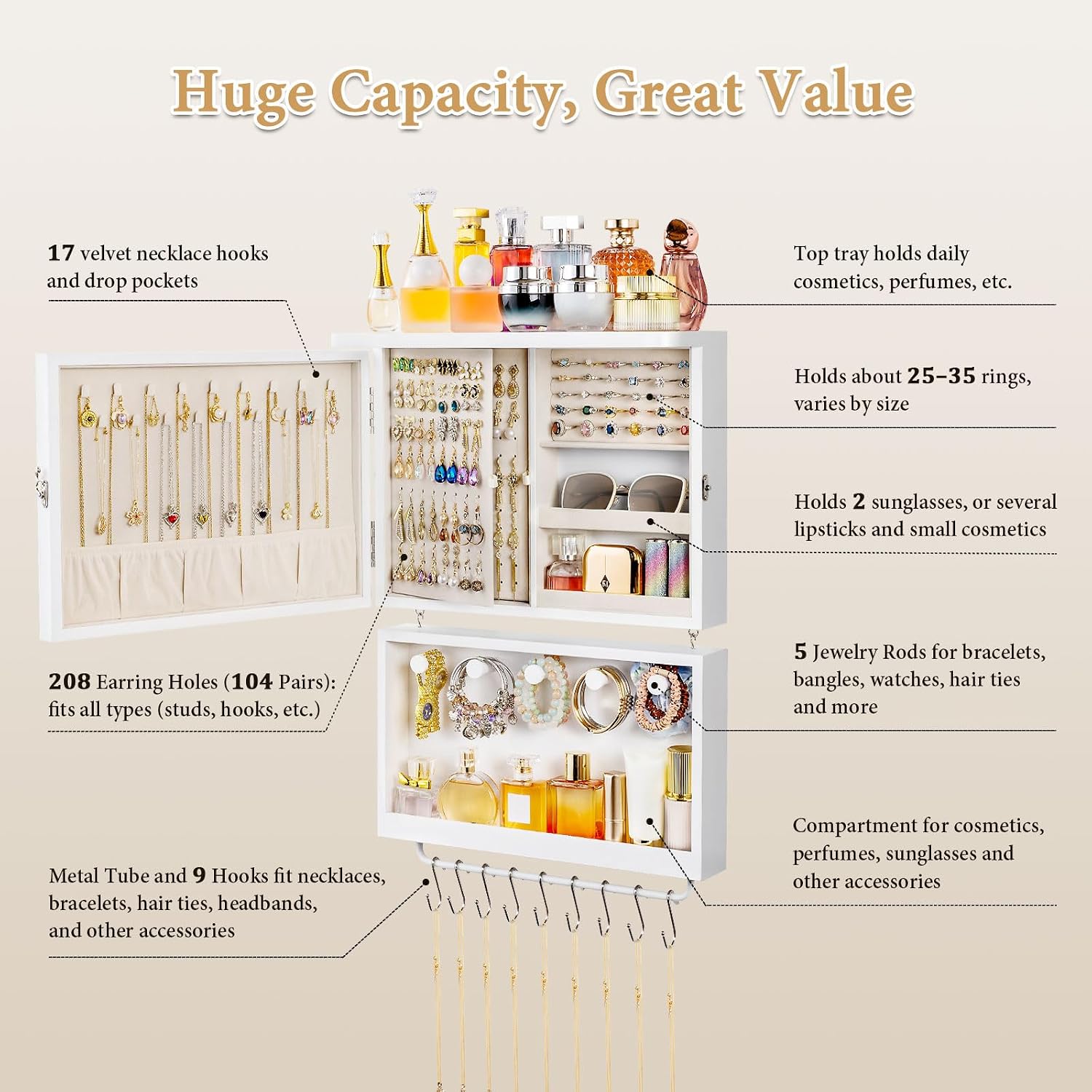 2-in-1 Wall-Mounted Jewelry Cabinet with Mirror, Velvet-Lined Organizer - Image 3