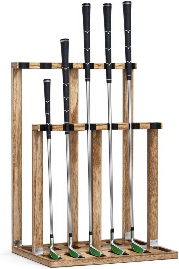 Double-Layer Wooden Golf Club Organizer, Freestanding Rack Holds 12