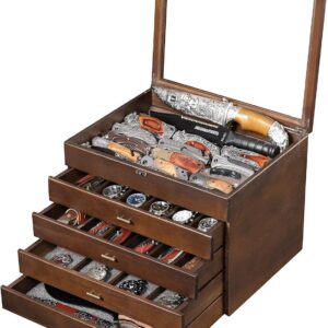 5-Tier Pocket Knife Organizer Case with Drawer & Clear Lid, Walnut