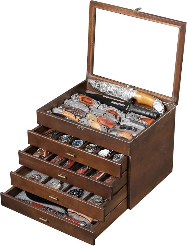 5-Tier Pocket Knife Organizer Case with Drawer & Clear Lid, Walnut