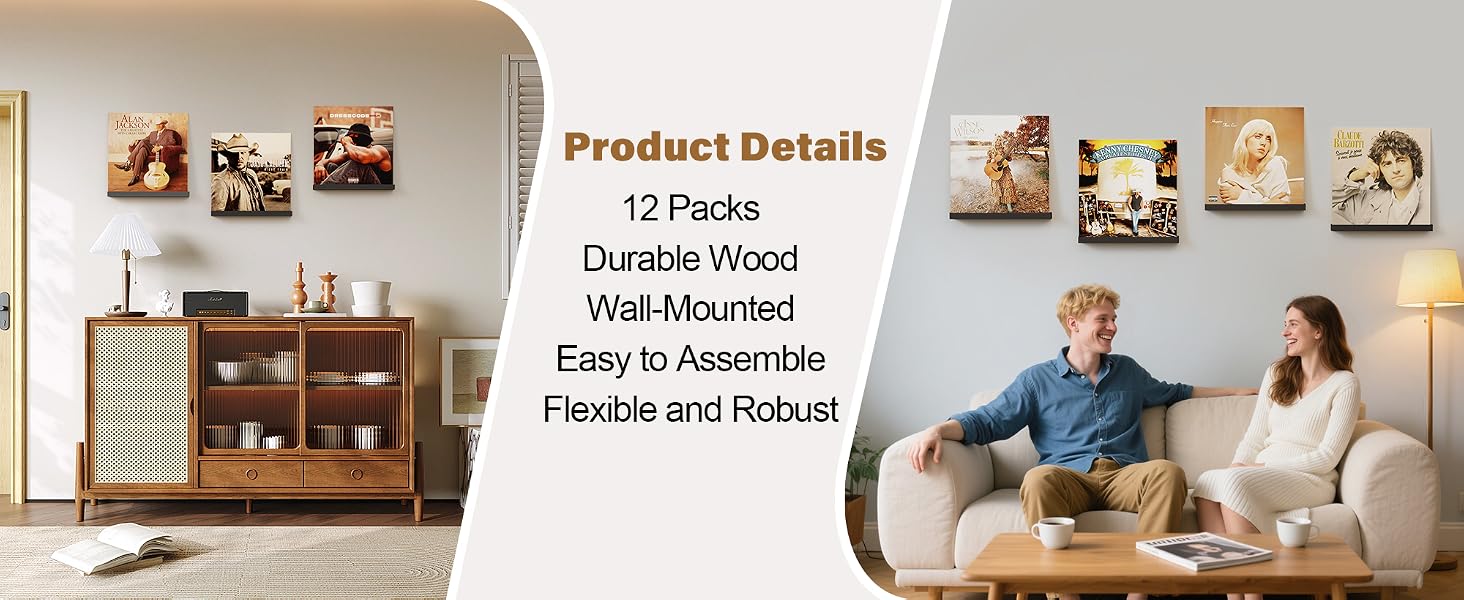 12-Pack Floating Record Shelves, Wall-Mounted Vinyl Album Display