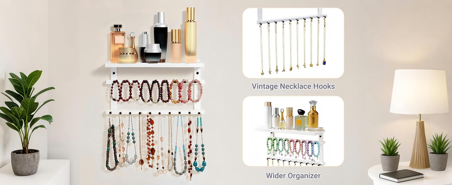 Wall-Mounted Necklace Holder with 19 Hooks, Bracelet Bar & Tray