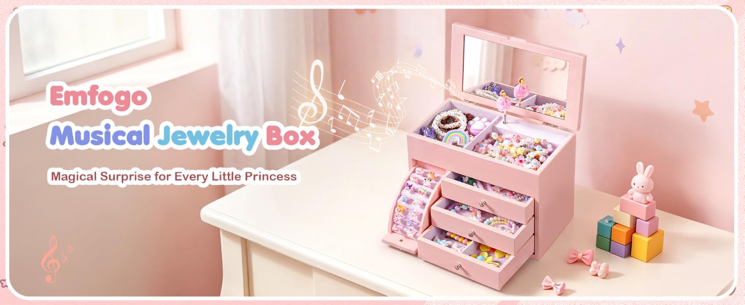 4-Layer Pink Ballerina Music Box, Solid Wood Girls Jewelry Organizer