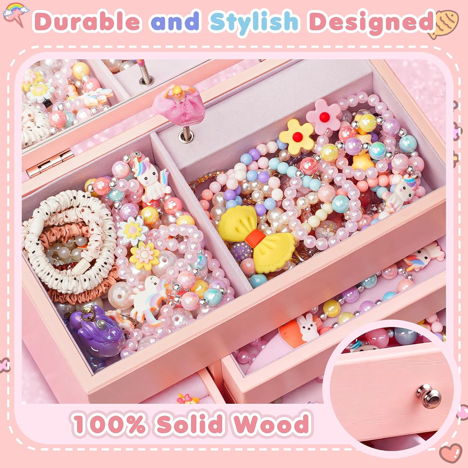 4-Layer Pink Ballerina Music Box, Solid Wood Girls Jewelry Organizer - Image 7