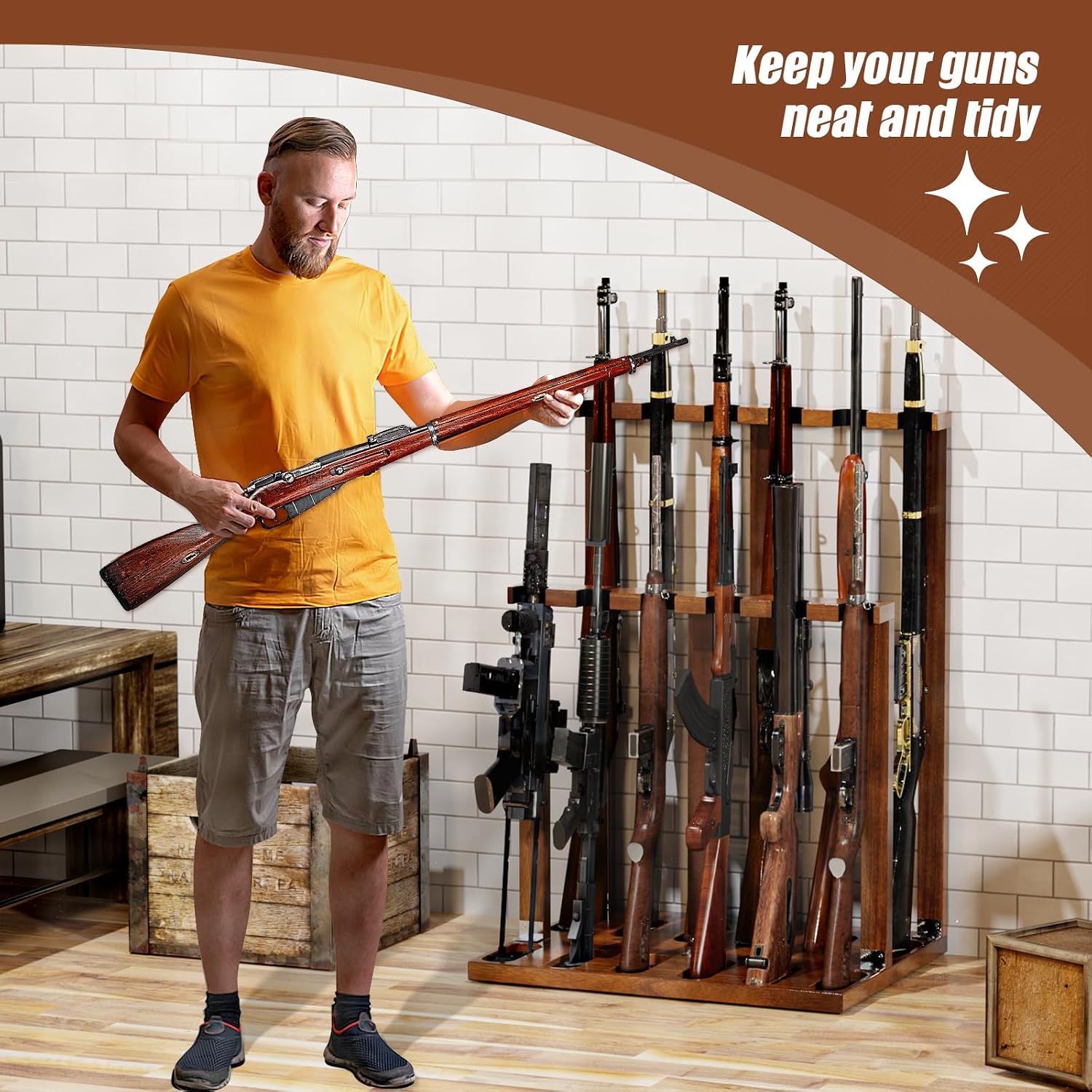 Freestanding Wooden Gun Rack, Heavy-Duty Holds 12 Rifles & Shotguns - Image 5