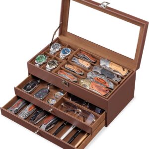 Leather Pocket Knife Display Case with Watch Storage & 2 Drawers
