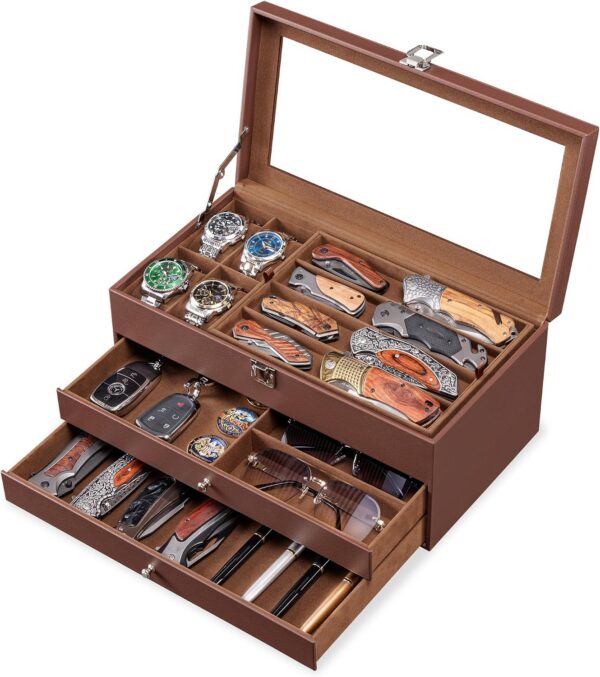 Leather Pocket Knife Display Case with Watch Storage & 2 Drawers