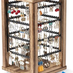 Rotating Wooden Earring Holder Stand, 4-Tier Rustic Jewelry Organizer