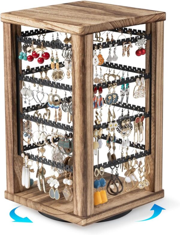 Rotating Wooden Earring Holder Stand, 4-Tier Rustic Jewelry Organizer