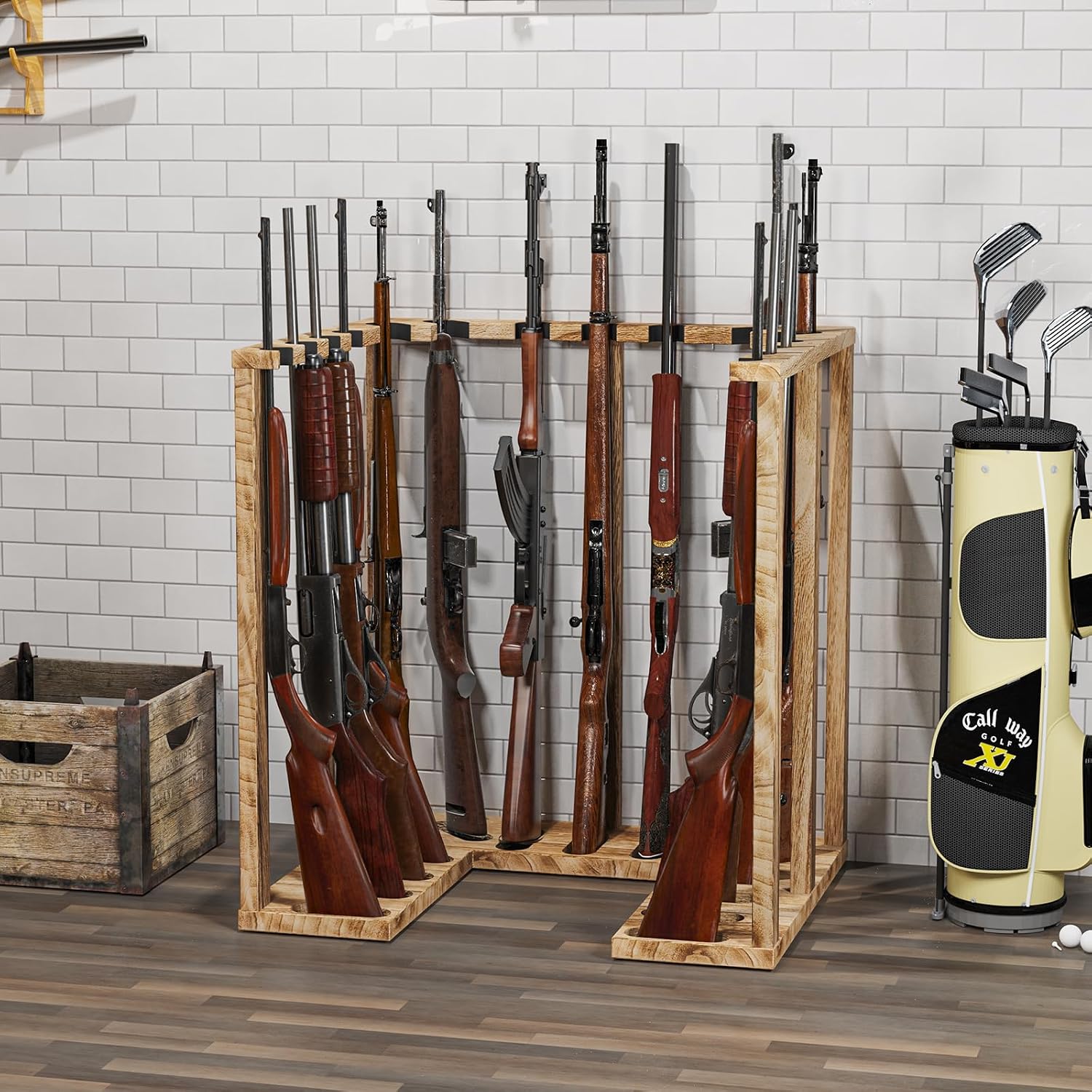 Corner Gun Rack for 15 Rifles, Heavy Wood Shotgun Stand, Carbonized Black - Image 5