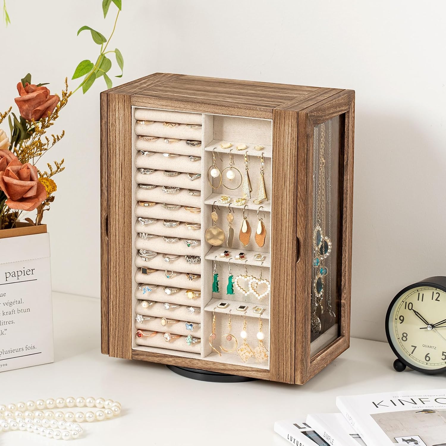 360° Rotating Wooden Jewelry Box with 5 Drawers & Glass Doors - Image 5