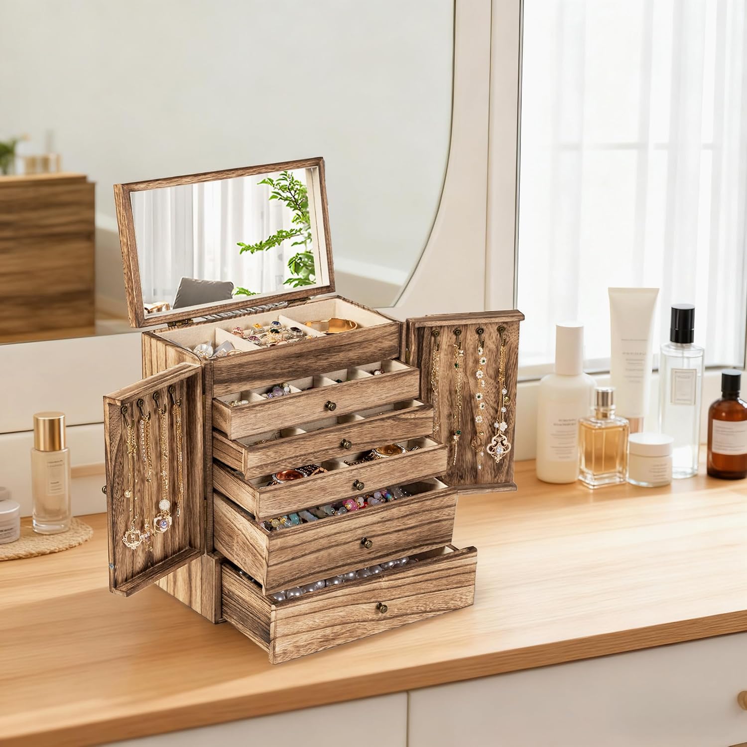 6-Tier Large Wooden Jewelry Box Organizer with Mirror for Women - Image 7