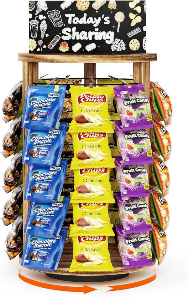 360° Rotating Chip Rack, 5-Tier Snack Display with 50 Clips & Message Board