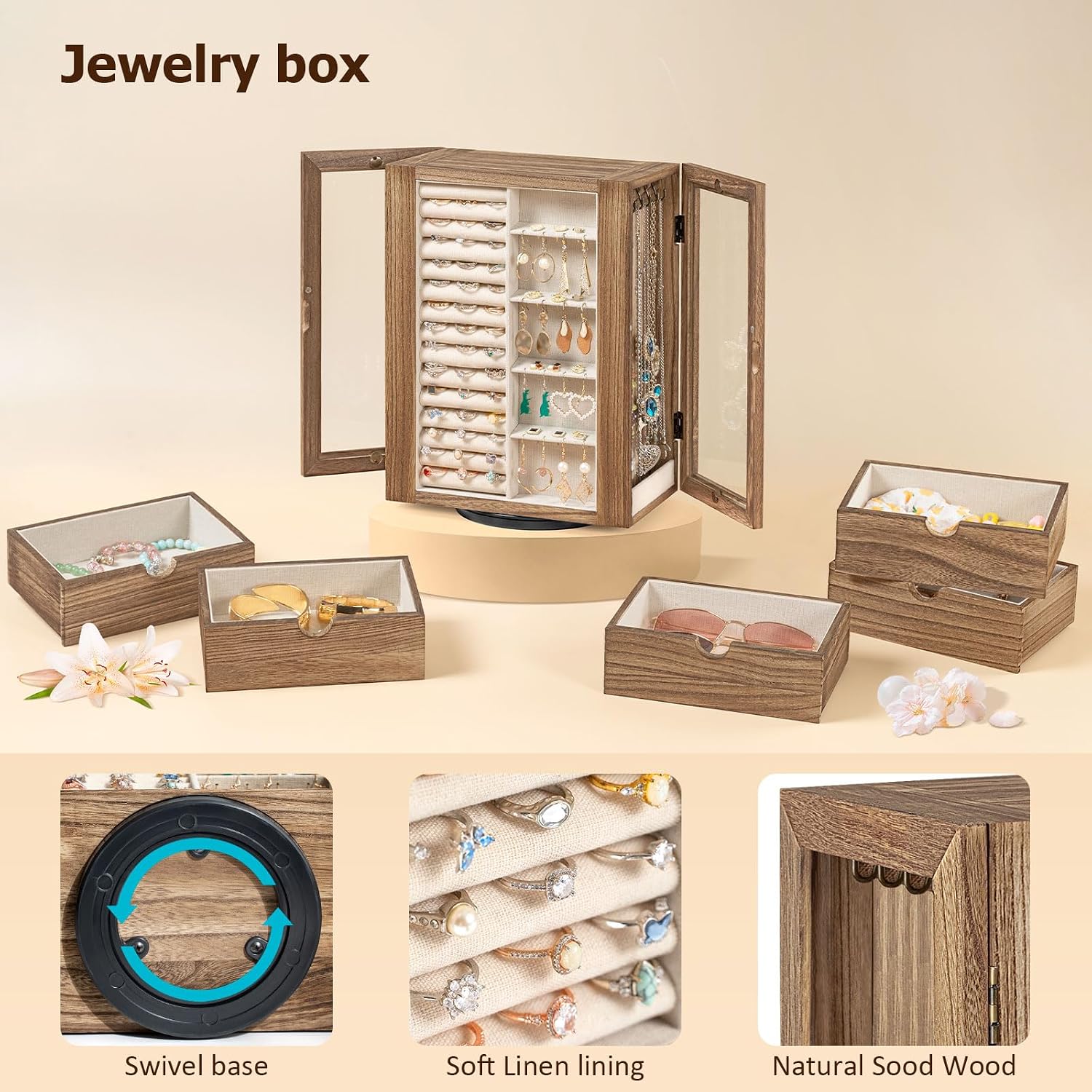 360° Rotating Wooden Jewelry Box with 5 Drawers & Glass Doors - Image 6