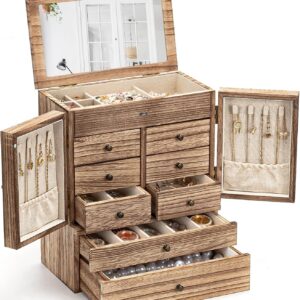 5-Layer Rustic Wooden Jewelry Box with Mirror and 8 Drawers