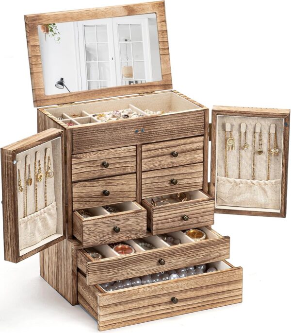 5-Layer Rustic Wooden Jewelry Box with Mirror and 8 Drawers