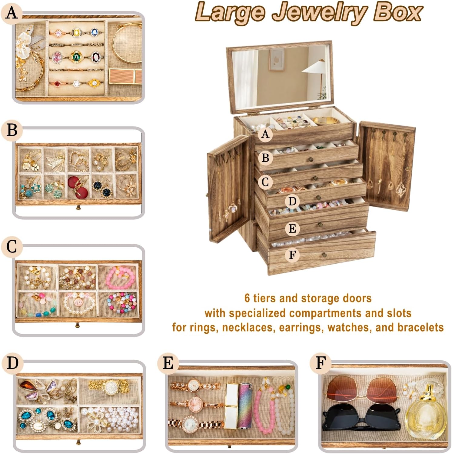 6-Tier Large Wooden Jewelry Box Organizer with Mirror for Women - Image 9