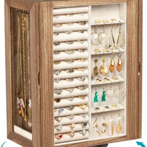 360° Rotating Wooden Jewelry Box with 5 Drawers & Glass Doors