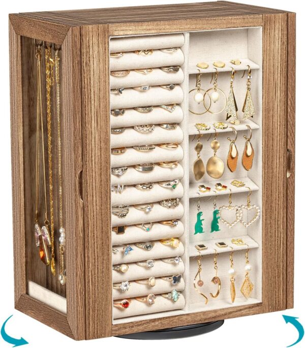 360° Rotating Wooden Jewelry Box with 5 Drawers & Glass Doors