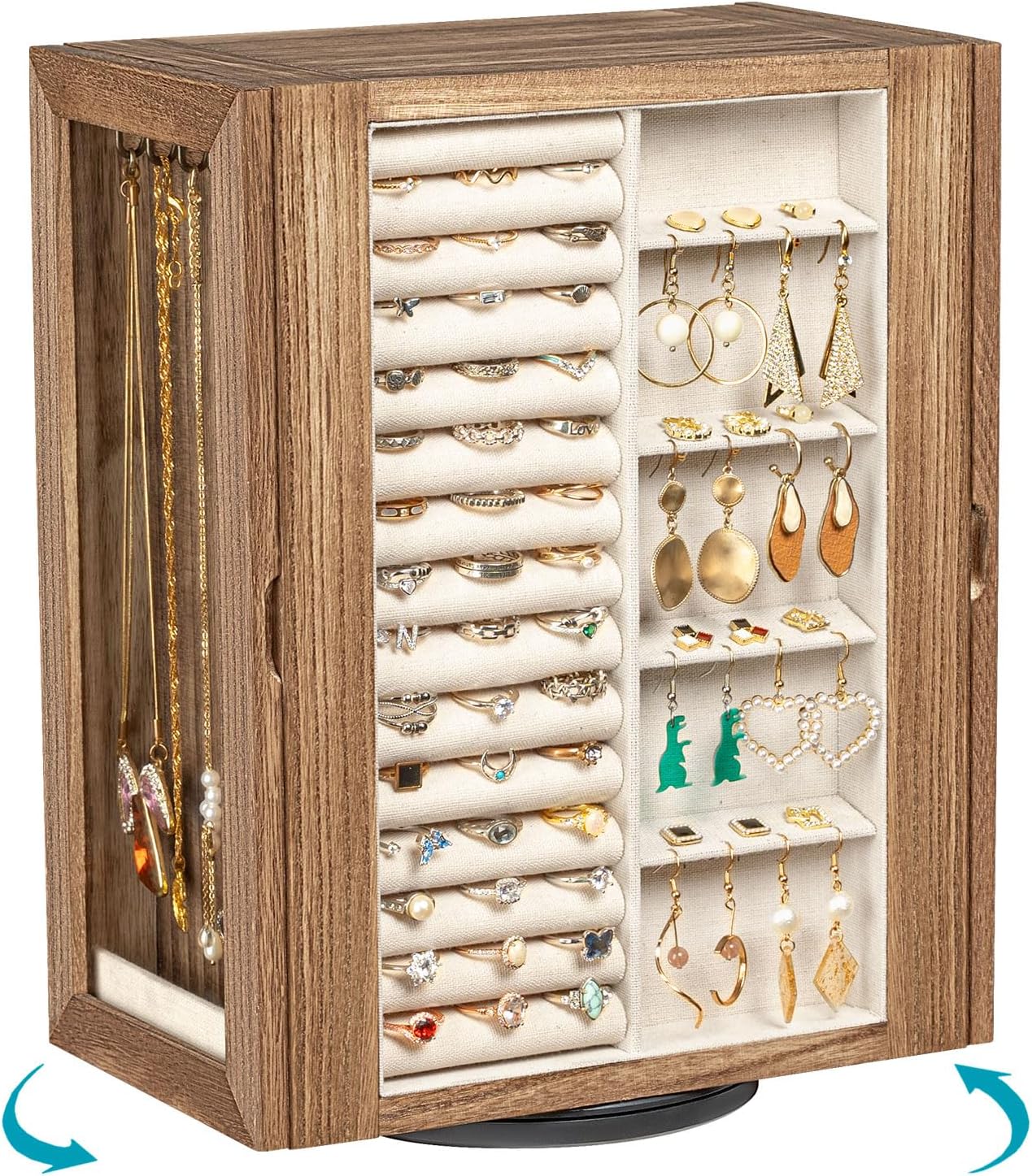 360° Rotating Wooden Jewelry Box with 5 Drawers & Glass Doors