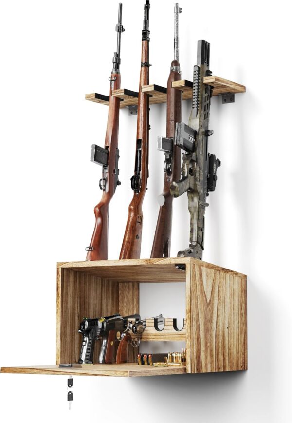 Wooden Wall Gun Rack, Holds 4 Rifles and 6 Handguns
