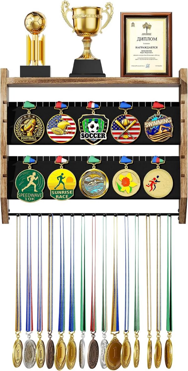 3-Tier Medal Hanger Display with Trophy Shelf, Wall-Mounted Wood