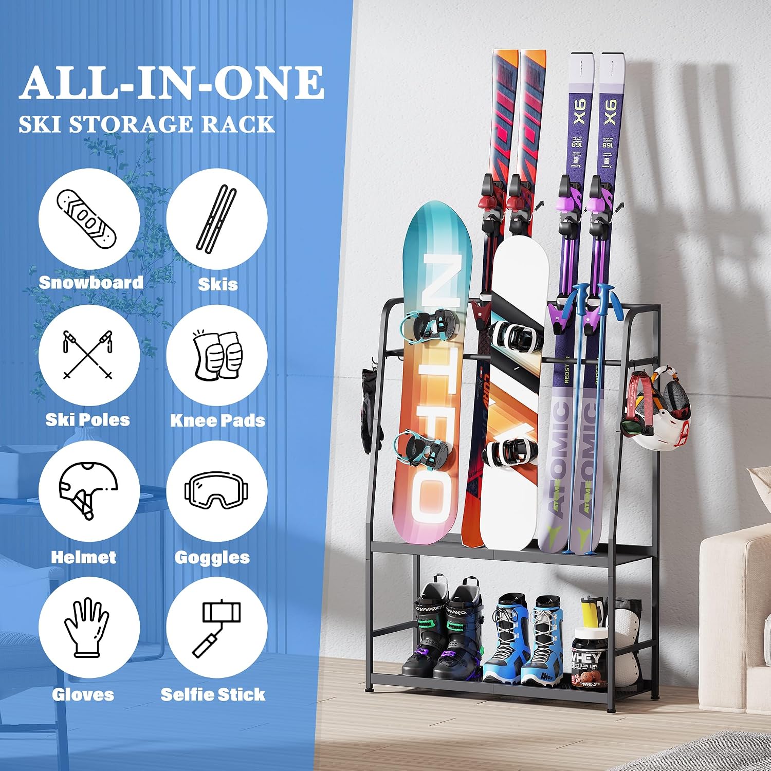 Heavy-Duty Steel Ski Rack, Freestanding Snowboard & Boot Organizer - Image 4