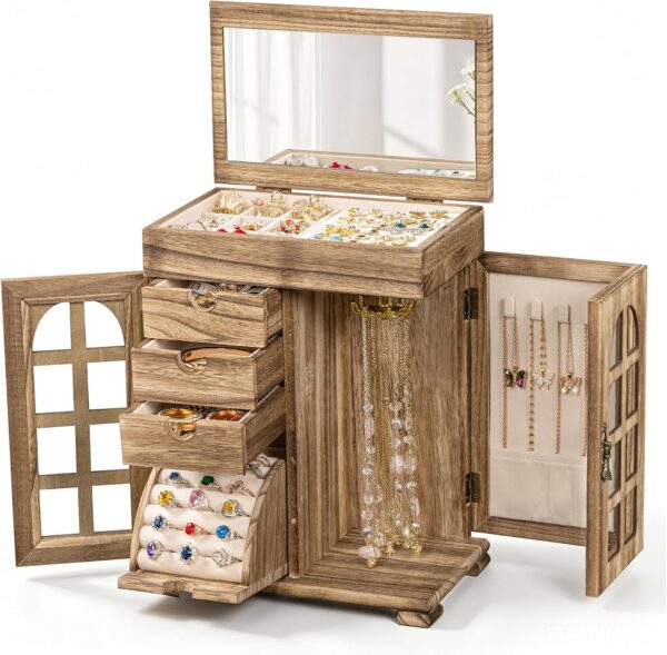 5-Layer Wooden Jewelry Box with Arched Window Door, Mirror & Drawer