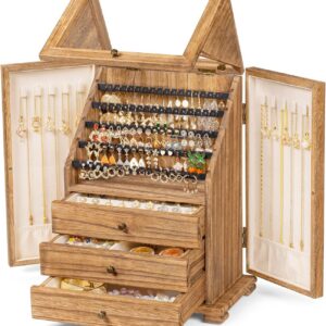 Wooden Jewelry Box Organizer for Women, Rustic Storage & Display