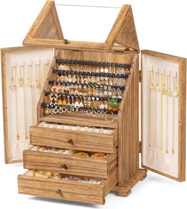 Wooden Jewelry Box Organizer for Women, Rustic Storage & Display