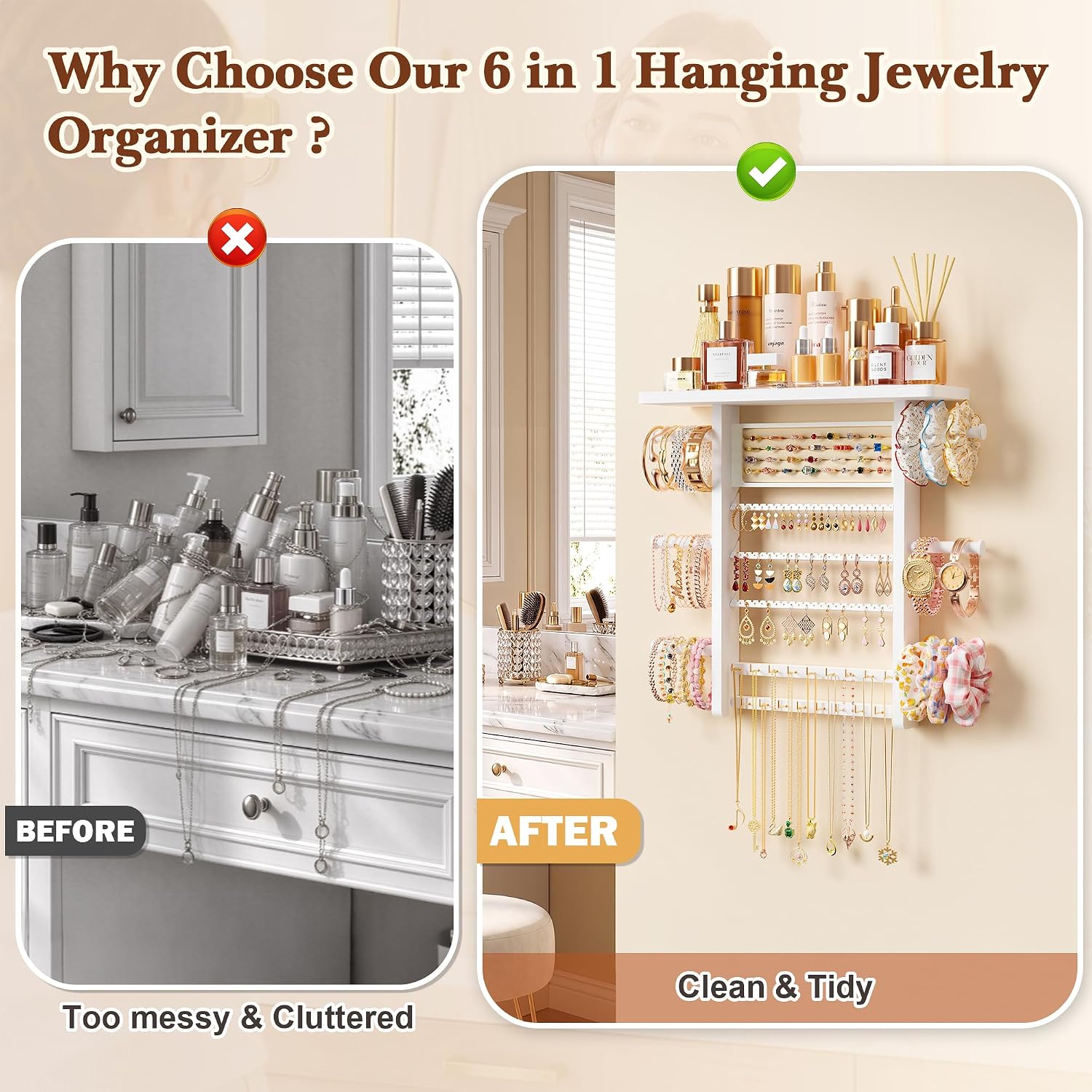6-in-1 Wall-Mounted Jewelry Organizer with Wooden Top Shelf - Image 6